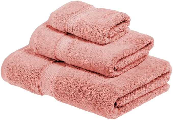 SUPERIOR Egyptian Cotton Pile 3 Piece Towel Set, Includes 1 Bath, 1 Hand, 1 Face Towel/Washcloth, Ultra Soft Luxury Towels, Thick Plush Essentials, Guest Bath, Spa, Hotel Bathroom, Tea Rose