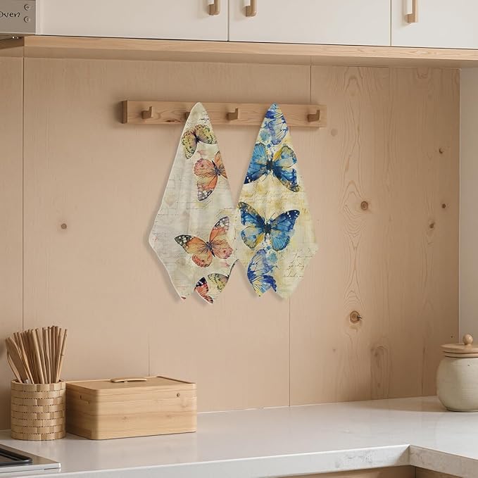 2 Pcs Vintage Butterfly Kitchen Towels, Watercolor Decorative Absorbent Microfiber Dish Cloth Tea Towel, Artistic Waffle Soft Hand Towels for Farmhouse Home Bathroom, Butterfly Gifts 1