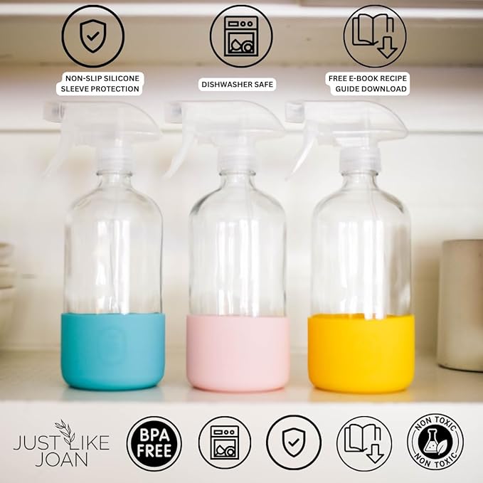 Clear Glass Spray Bottle with Silicone Sleeve for Cleaning Solutions, Essential Oils, Plants, Vinegar - 16 oz, Refillable, Food Safe (Pure White)