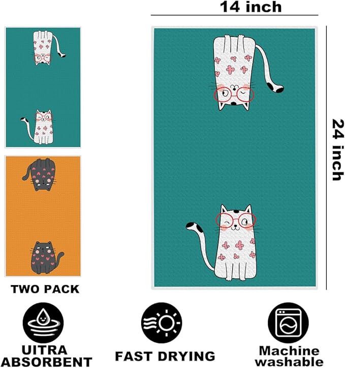 Jztco 2 Pcs Cute Cat Kitchen Towels, Cats Gifts Reusable Hand Tea Towel, Microfiber Dish Cloths for Drying Dishes, Waffle Dish Towels for Kitchen Home Decor, Cat Lover Gifts for Women Mom