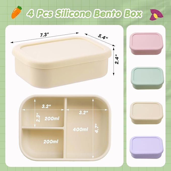 Layhit 4 Pcs Silicone Bento Box for Adults, 27 oz Bento Lunch Container Reusable 3 Compartment Lunchable Food Container for Women Men, Leak Proof Microwave Dishwasher Freezer Safe (Desaturated Colors)