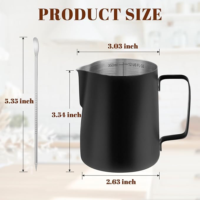Amrules Milk Frothing Pitcher, 12oz Milk Frother Cup with Clear Scale, 304 Stainless Steel Cappuccino Espresso Machine Accessories for Barista Coffee Bar with Latte Art Pen, Black