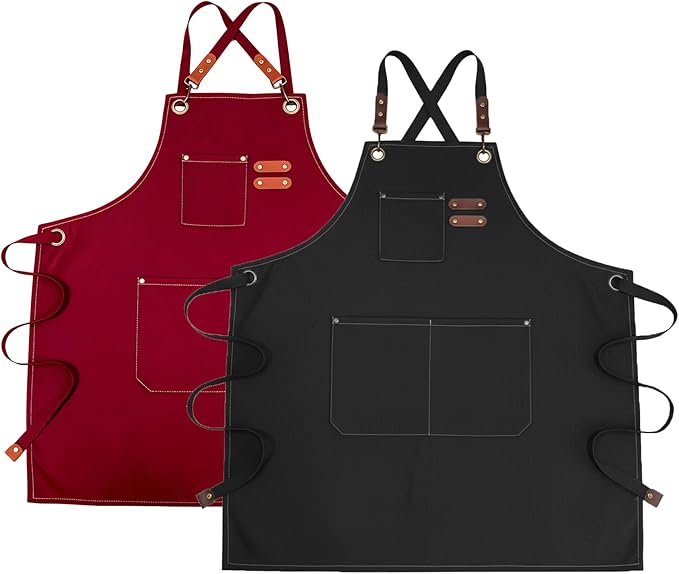 Chef Apron with Large Pockets for Women Men, Cotton Canvas Cross Back Water Repellent Adjustable Work Apron