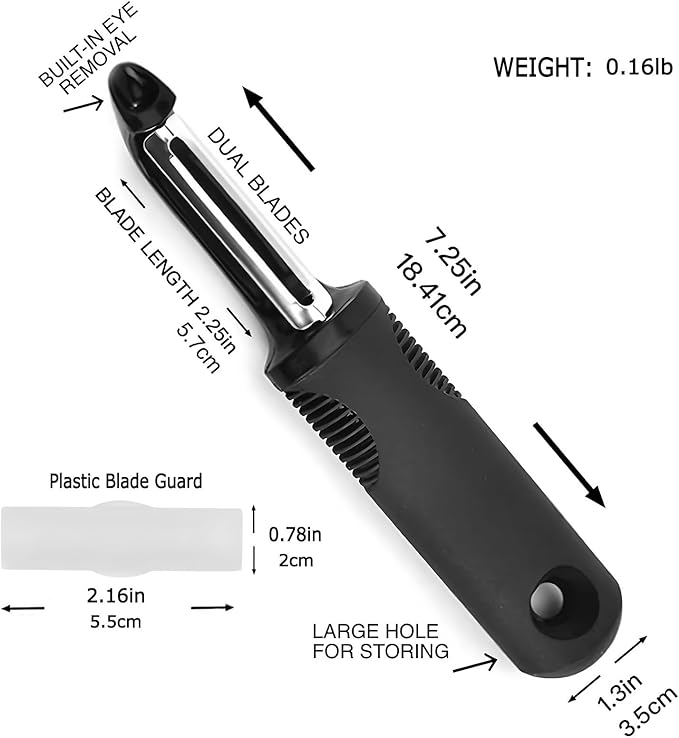 Swivel Vegetable Peeler with Non-Slip Ergonomic Handle, Rust-Proof Steel Blades, Built-in Potato Eye Remover, Plastic Blade Guard, Kitchen Peeler for Potato, Carrot, Apple, Veggie, Fruit, Black