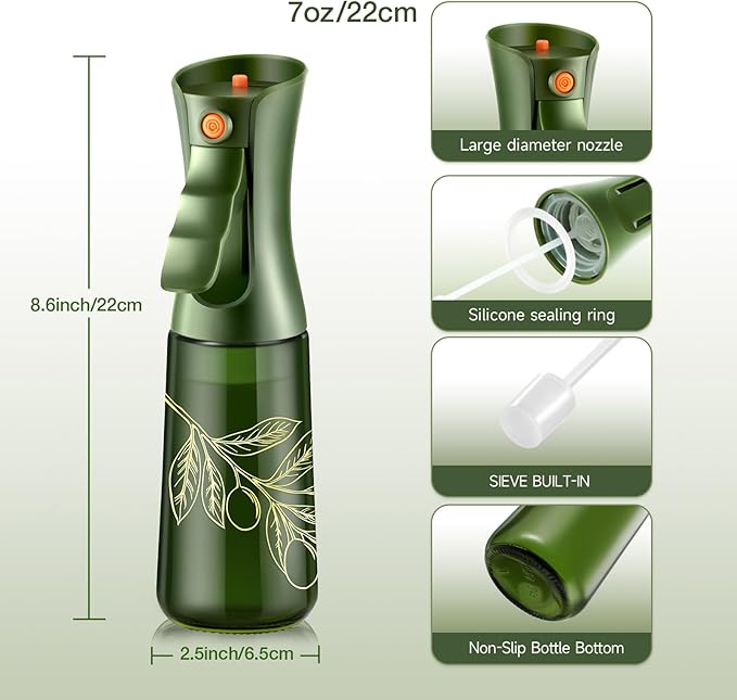 Glass Olive Oil Sprayer for Cooking, Oil Mister Continuous Cooking Spray with Portion Control for Kitchen 200ml/7oz (Green Bottle, Gold Print)
