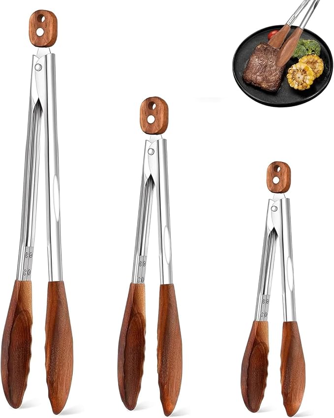 Wooden Tongs Set Of 3 (7", 9", 12"), Stainless Steel BBQ Tongs For Cooking, Frying, Grilling And Salad, Heat Resistant, Non-Slip, Heavy Duty (3 PACK)