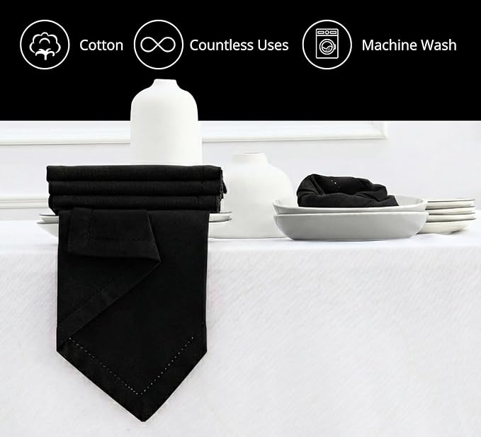 PurpleEssences Set of 12 Hemstitch Cloth Dinner Napkins 100% Cotton - Soft Durable Washable - Ideal for Wedding Spring Easter Summer - Perfect Everyday Use Table Linen 18x18 - Black