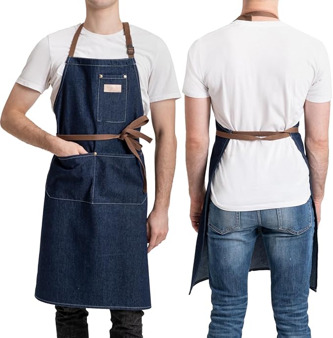 ROTANET Denim Work Apron with 3 Pockets Jean Shop Aprons for Chef Hairstylist Kitchen Woodworking for Men Women Blue Black