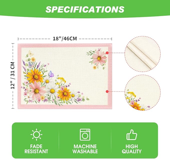 Artoid Mode Pink Sunflowers Butterfly Spring Placemats Set of 4, 12x18 Inch Seasonal Summer Holiday Table Mats for Party Kitchen Dining Decoration