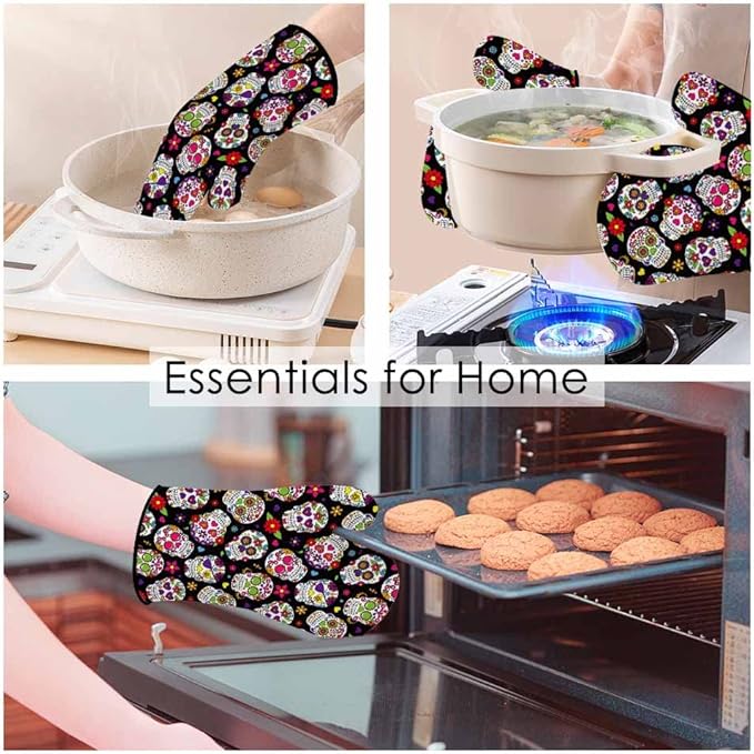 Sugar Skulls Oven Mitts and Pot Holders Sets Flower Texture Hearts Day of The Dead Heat Resistant 3pcs for Cooking Baking BBQ