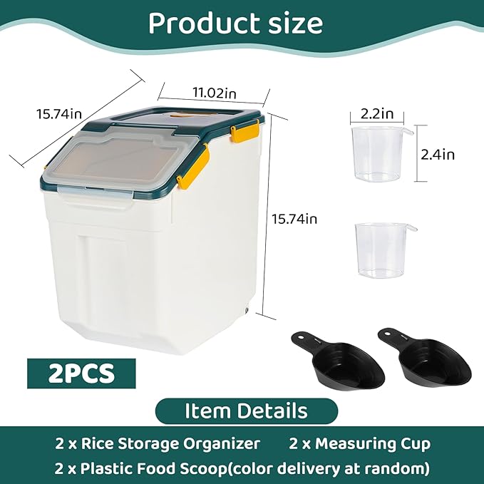 PENCK Rice Storage Container 50 lbs Large Household Flour Sugar Containers Airtight Grain Cereal Dispenser with Wheels, Locking Lid & Measuring Cup for Kitchen Pantry Organization, 2 Pack(Blue)