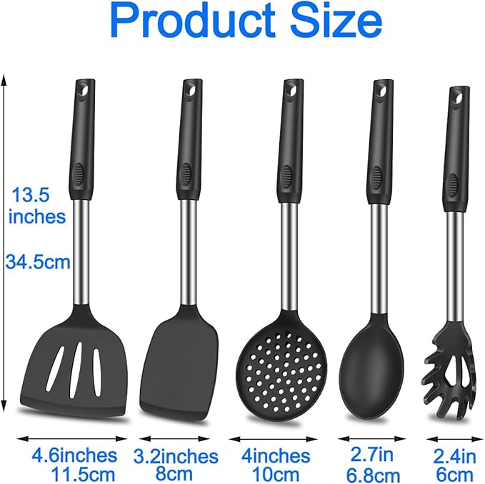 KLAQQED 5Pcs Silicone Spatula Heat Resistant Long Large Spatulas Set for Nonstick Cookware, Rubber Pancake Fish Turner Spatula for Kitchen Use Silicone Cooking Kitchen Utensils Set Black