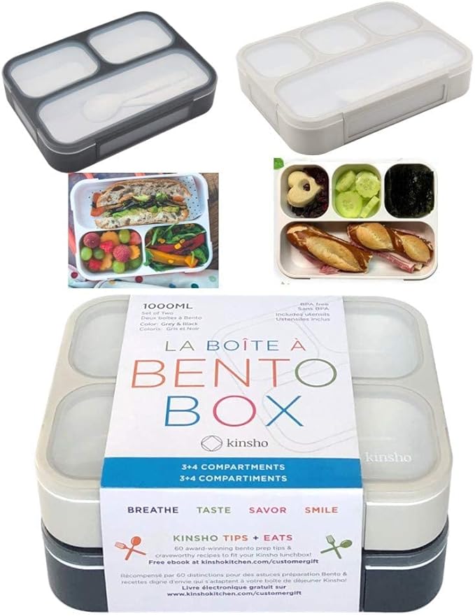 kinsho Bento-Box Lunch-Box Kids & Adults, Meal, Lunch Snack Containers For Boys & Girls, School Work Travel, 4 Divided Compartments, Japanese Style, Bpa Free, Utentils Included (Grey + Black, 2 Pack)
