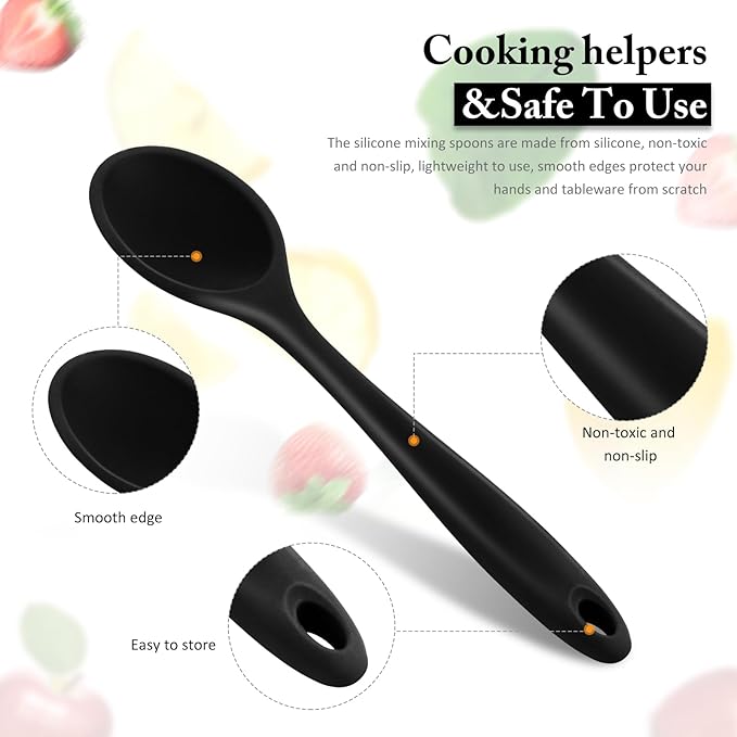 Shappy 4 Pieces Silicone Cooking Spoons 10.6 Inch Heat Resistant Kitchen Spoons for Mixing, Serving and Stirring Upgrade Large Non Stick Basting Utensils, Dishwasher Safe(Spoon,Black)