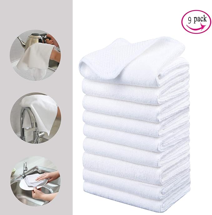 KinHwa Kitchen Washcloths for Dishes Absorbent Microfiber Dish Cloths Quick Dry Dish Rags with Poly Scour Scrub Side Ideal for Kitchen Cleaning (White, 12inchx12inch 9 Pack)