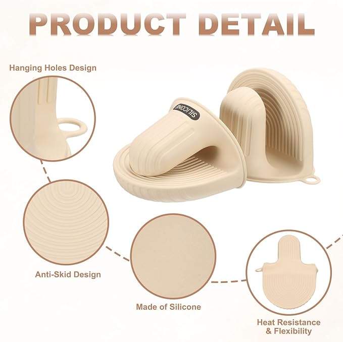 uxcell 2 Pcs Silicone Oven Mitts, Heat Resistant Mini Oven Gloves Silicone Pot Holders Mini Finger Protector Cooking Pinch Grips for Air Fryer Kitchen Cooking & Baking, Beige
