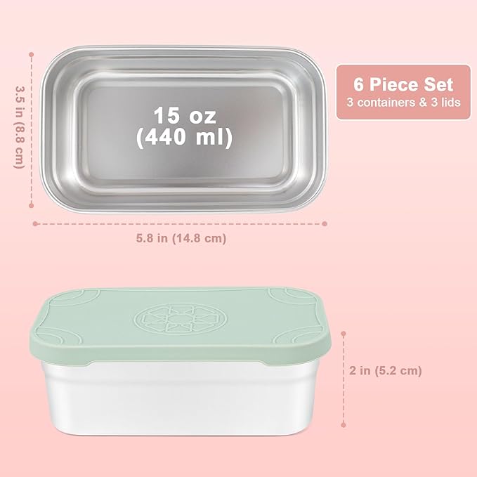 Caperci 3-Pack Large Stainless Steel Snack Containers with Silicone Lids - 15oz Reusable Small Food Storage Deli Containers for Snacks & Meal Prep, Leak-Proof, Easy Open & BPA-Free (440ML)