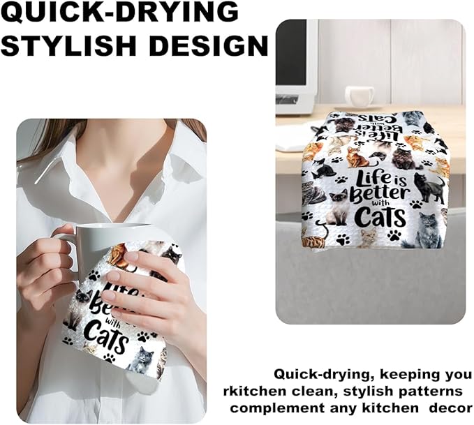 Jztco Cute Cat Kitchen Towels, Floral Cats Gifts Reusable Hand Tea Towel, Waffle Dish Towels for Kitchen Home Bathroom Decor, Cat Lover Gifts for Women Mom 24x14 Inch
