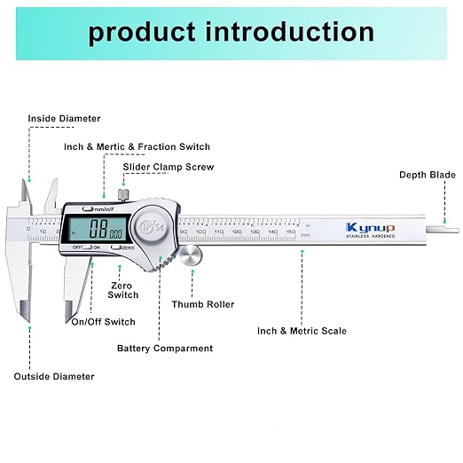 Kynup Digital Caliper, Caliper Measuring Tool Outside Micrometer, Vernier Dial Caliper, 6 Inch Caliper DIY Tool, Stainless Steel, IP54 Splash Proof, Inch Metric Fraction Switch, Large LCD Screen