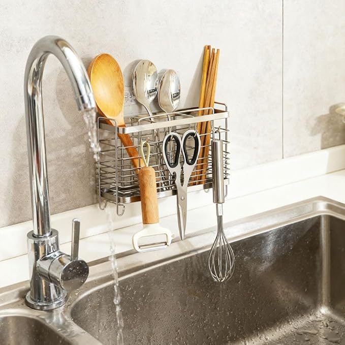 Kitchen Utensil Holder, Stainless Steel Utensil Drying Rack with Hooks, Utensil Holder Counter Organizer, 3 Compartments for Forks, Knives, Spoons, Chopsticks & Cooking Tools (Silver)