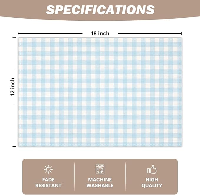 Blue and White Gingham Linen Placemats Set of 4, Waterproof Washable Heat Resistant Place Mats 12x18 Inch, Table Mat for Restaurant Outdoor Indoor Home Kitchen Party Dining Decoration-15
