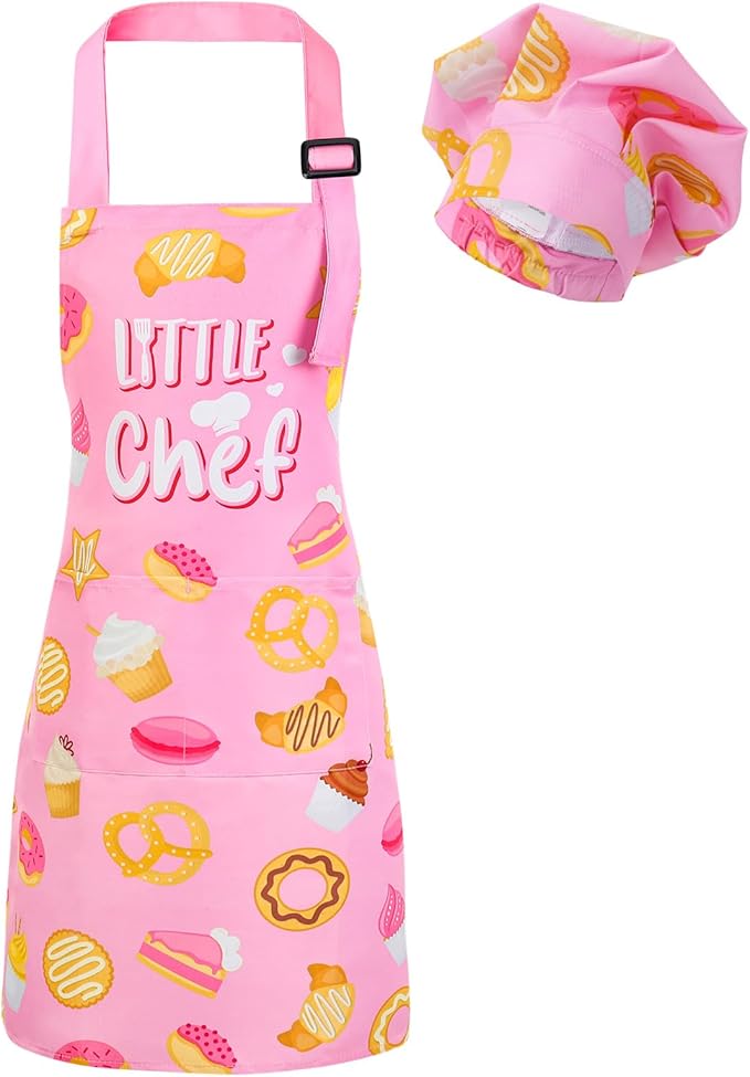 Kids Apron and Chef Hat Set, Funny Apron with 2 Pockets, Adjustable Kids Aprons for Cooking for Boys and Girls