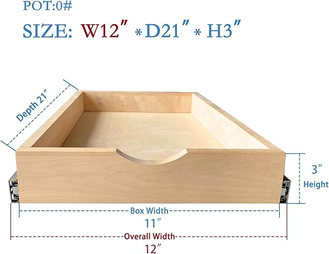 Kitchen Cabinet Organizer, Fully Assembled Drawer Wood Pull Out Tray Drawer Box Cabinet Slide Out Shelve, Wooden Pull-Out Shelf (W12''×D21''×H3'')