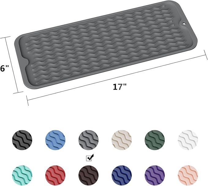 ZLR Silicone Sponge Holder & Sink Caddy Tray (6" x 17") - Narrow Dish Drying Mat for Kitchen Counter - Waterproof Soap Dispenser Organizer, Non-Slip Bathroom Vanity Tray (Dark Gray)