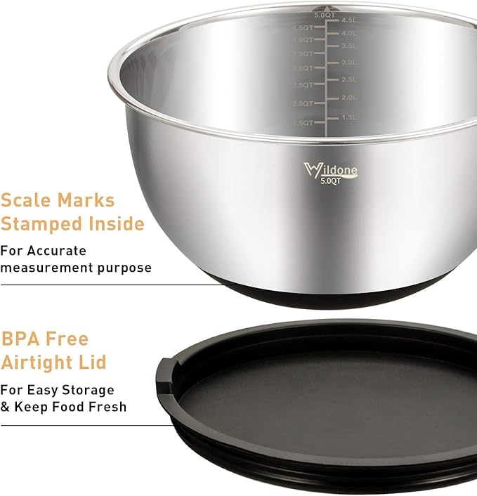 Wildone Mixing Bowls with Airtight Lids Set, 5PCS Stainless Steel Nesting Bowls for Kitchen, with Grater Attachments & Non-Slip Bottoms, Size 5, 3, 2, 1.5, 0.63 QT, Great for Mixing & Serving