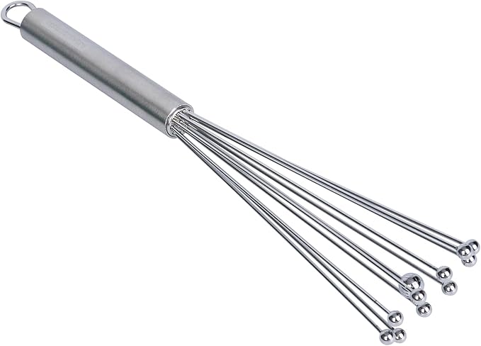 Restaurantware 10.5 in Stainless Steel Ball Whisk - German Standard Egg Beater with Ergonomic Handle, Dishwasher Safe - Manual Mixer Cooking Whisk for Baking, Stirring, Sauces, Beating