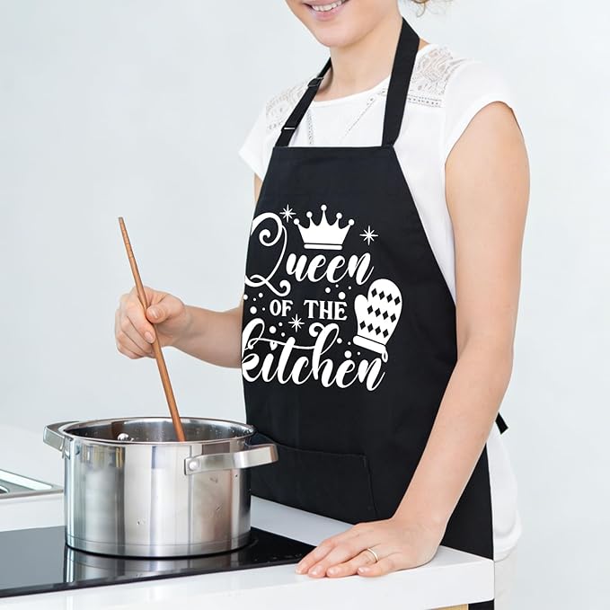 Black Baking Aprons for Women, Adjustable Cooking Baking Kitchen Aprons for Mom Chef with Pockets