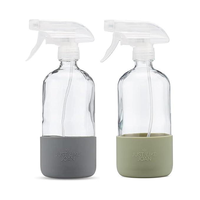 Clear Glass Spray Bottle with Silicone Sleeve for Cleaning Solutions, Essential Oils, Plants, Vinegar - 16 oz, Refillable, Food Safe (2-PACK: Steel Gray & Sage Green)