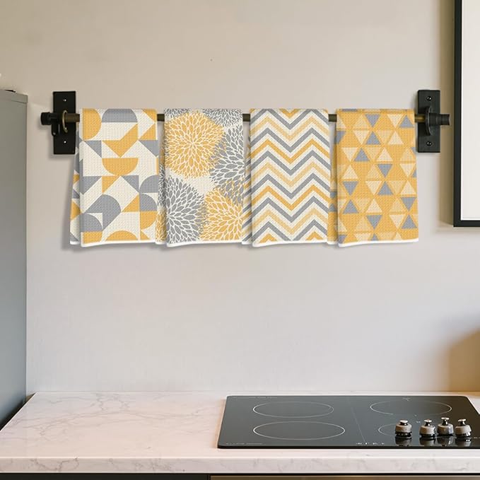 4 Pcs Abstract Artistic Kitchen Towels, Yellow Flower Soft Absorbent Tea Hand Towel, Microfiber Dish Cloths for Drying Dishes, Waffle Dish Towels for Kitchen Bathroom Home Decor for Women Mom