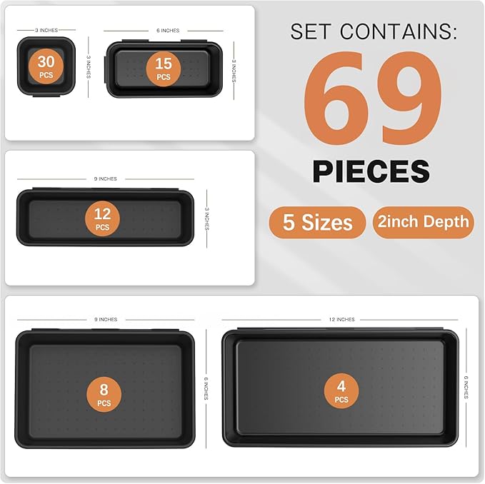 Kutesna 69PCS Large Plastic Drawer Organizer, 5 Sizes Versatile Desk Drawer Organizer Trays, Drawer Dividers, Organization and Storage Bins for Tools,Office,Jewelries,Kitchen Utensils and Makeup