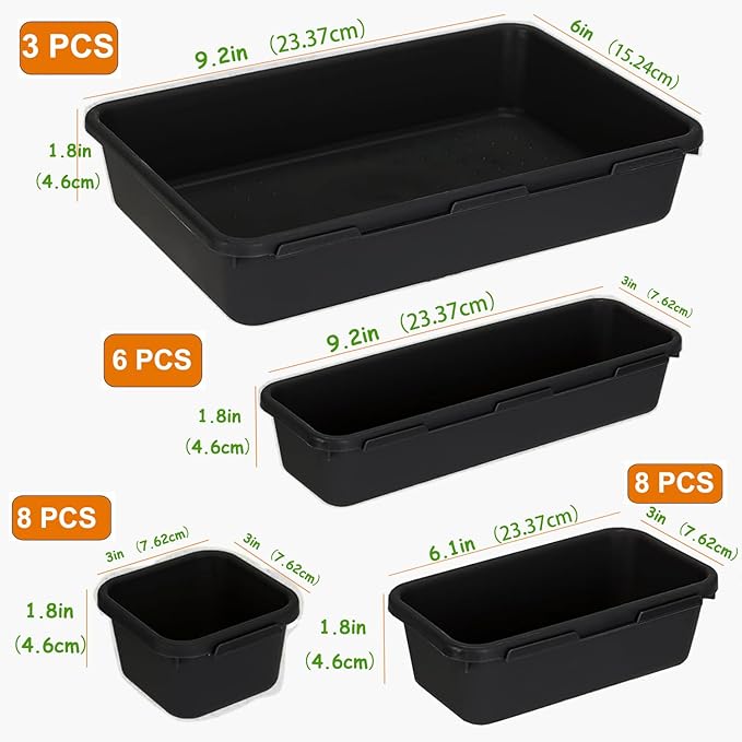 Kutesna 25 PCS Black Drawer Organizer Set, 4 Size Interlocking Plastic Storage Bins for Office Supplies, Jewelry Makeup Vanity, Bathroom Kitchen, Home Organization Closet, Gadgets Small Items