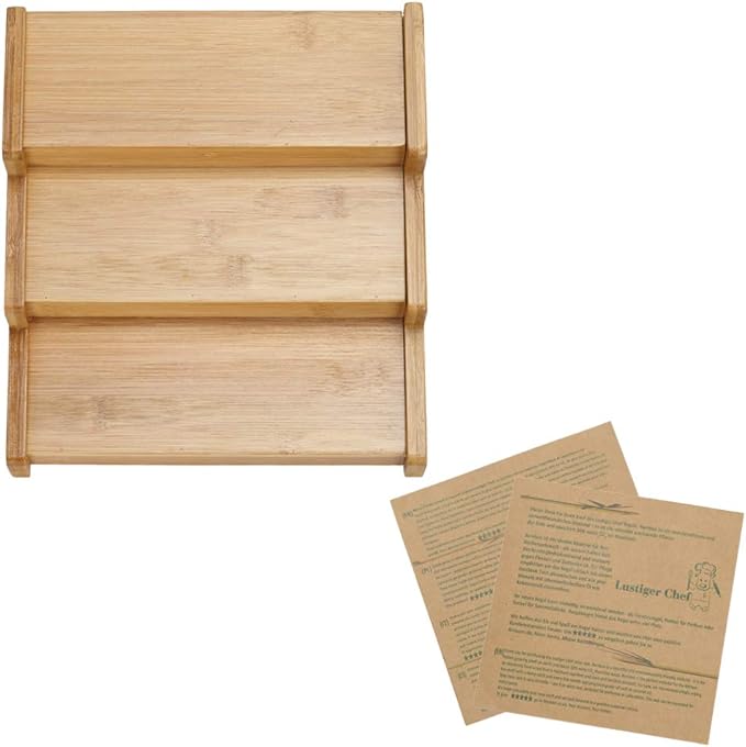 Lustiger Chef Spice Rack Organizer for Cabinet, Expandable Natural Bamboo Desk Shelf, 3-Tier Adjustable Spice Rack, Storage and Seasoning Shelf Organizer for Kitchen Countertop Pantry Tabel