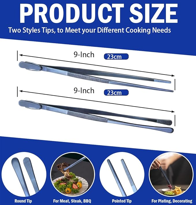 JETKONG 2 Pcs 9-Inch Cooking Tweezer Tongs Stainless Steel Kitchen Tweezers Plating Tongs (Navy Blue)