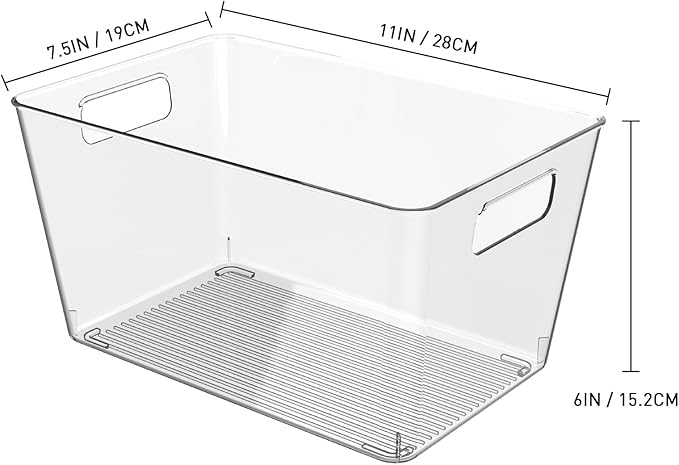 6 Pack Clear Plastic Storage Bins, 11" Large Pantry Organizer Bins with Handles, Plastic Containers for Refrigerator,BPA-Free Perfect for Kitchen,Fridge,Cabinet,Pantry(Cream)
