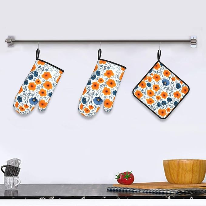 Spring Orange Blue Floral Oven Mitts and Pot Holders Sets of 3, Heat Resistant Non-Slip Burnt Orange Navy Flowers Kitchen Gloves Hot Pads for Cooking BBQ Grilling, Chef Baking Gifts for Women Baker