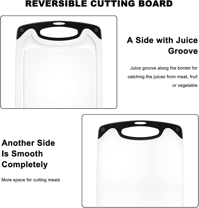 Plastic Cutting Board, 3 Pieces Dishwasher Safe Cutting Boards with Juice Grooves, Easy Grip Handle, Non-Slip, with Grinding Area for Grinding Garlic and Ginger（White）