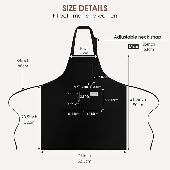 Kitchen Apron, Chef Aprons for Men Women with 5 Pockets Pen Holder, Adjustable Bib BBQ Work Apron for Cooking Baking
