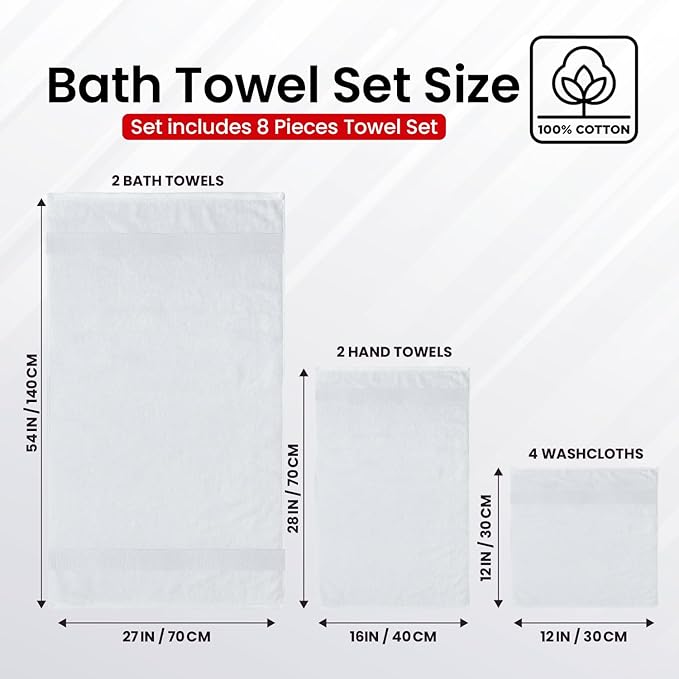 Infinitee Xclusives Luxury 100% Cotton Towel Set – 8 Piece Bathroom Towel Set (2 Bath Towels, 2 Hand Towels, 4 Washcloths) – Soft & Absorbent Towels for Bathroom (Brilliant White)