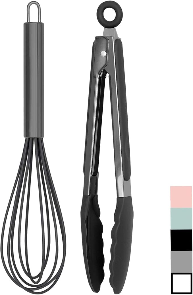 Country Kitchen Stainless Steel Silicone Tipped Kitchen Food BBQ and Cooking Tongs for Non Stick Cookware, BPA Fee, Stylish, Sturdy, Locking, Grill Tongs, Gunmetal, Tong and Whisk Set, Black