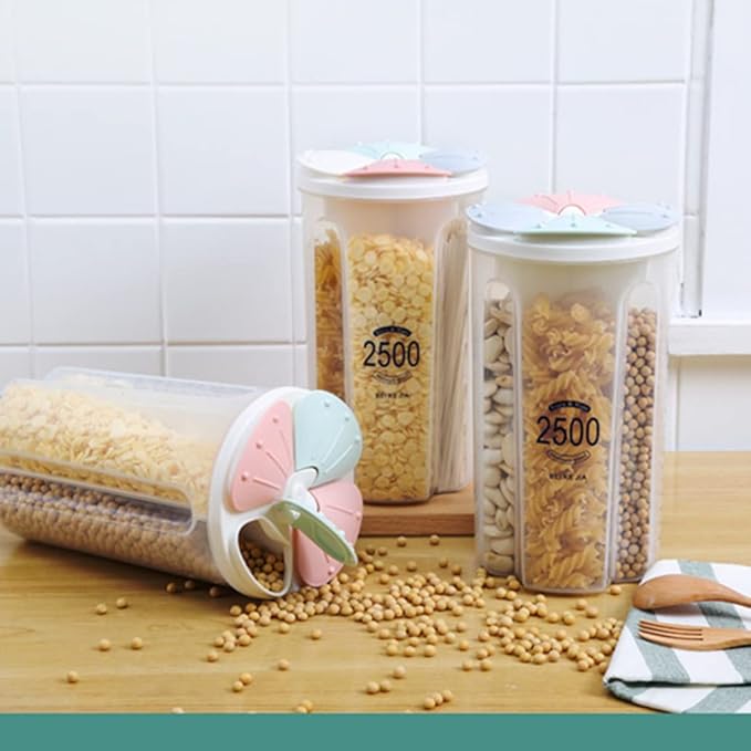 Airtight Kitchen Food Storage Container, Leak-Proof BPA Free Plastic Plastic Dry Cereal Dispensers Containers with Durable Lids for Flour, Sugar, Rice (2500ml 4 Color-4 Grid)