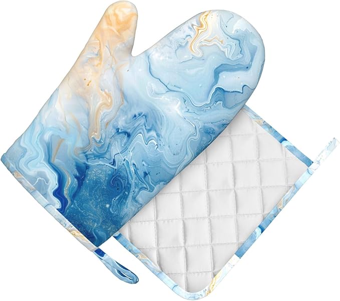Oven Mitts and Pot Holders Blue Marble Pastel Silicone Kitchen Accessories Set of 2 Heat Resistant Long Gloves Potholder Non-Slip Grip for Chef Cooking Baking Grilling BBQ