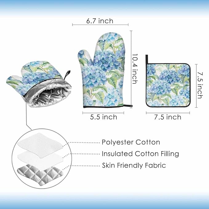 Teal Blue Flower Oven Mitts and Pot Holders Sets Hydrangea Nature Spring Summer Heat Resistant 3pcs for Cooking Baking BBQ