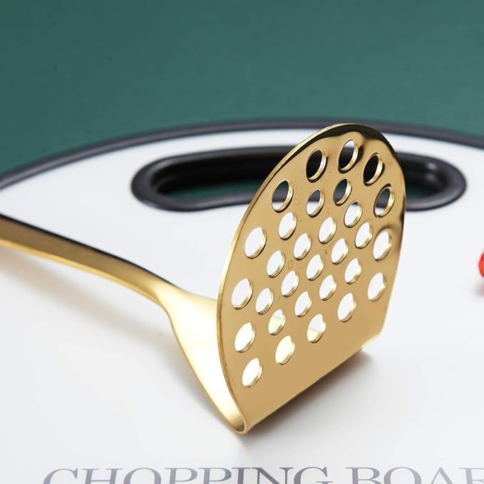 Gold Potato Masher, Berglander Heavy Duty Metal Potato Ricer Stainless Steel With Titanium Gold Plating, Food Utensil Hand, Vegetables Fruits Mashe, Dishwasher Safe, Easy to Clean