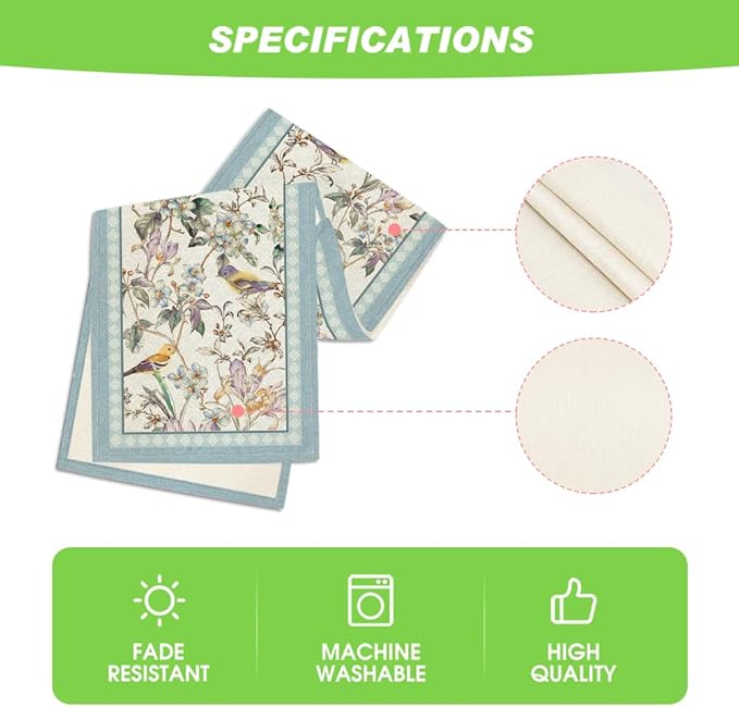 Artoid Mode Blue Birds Flowers Blossom Table Runner, Seasonal Spring Floral Kitchen Dining Table Decoration for Home Party Decor 13x108 Inch