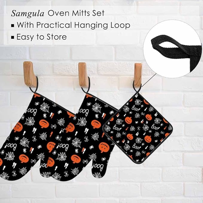 Halloween Oven Mitts and Pot Holders Sets Jack Lantern Pumpkins Candles Spiders Boo Heat Resistant 3pcs for Cooking Baking BBQ