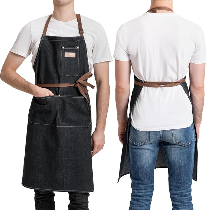 ROTANET Denim Work Apron with 3 Pockets Jean Shop Aprons for Chef Hairstylist Kitchen Woodworking for Men Women Blue Black